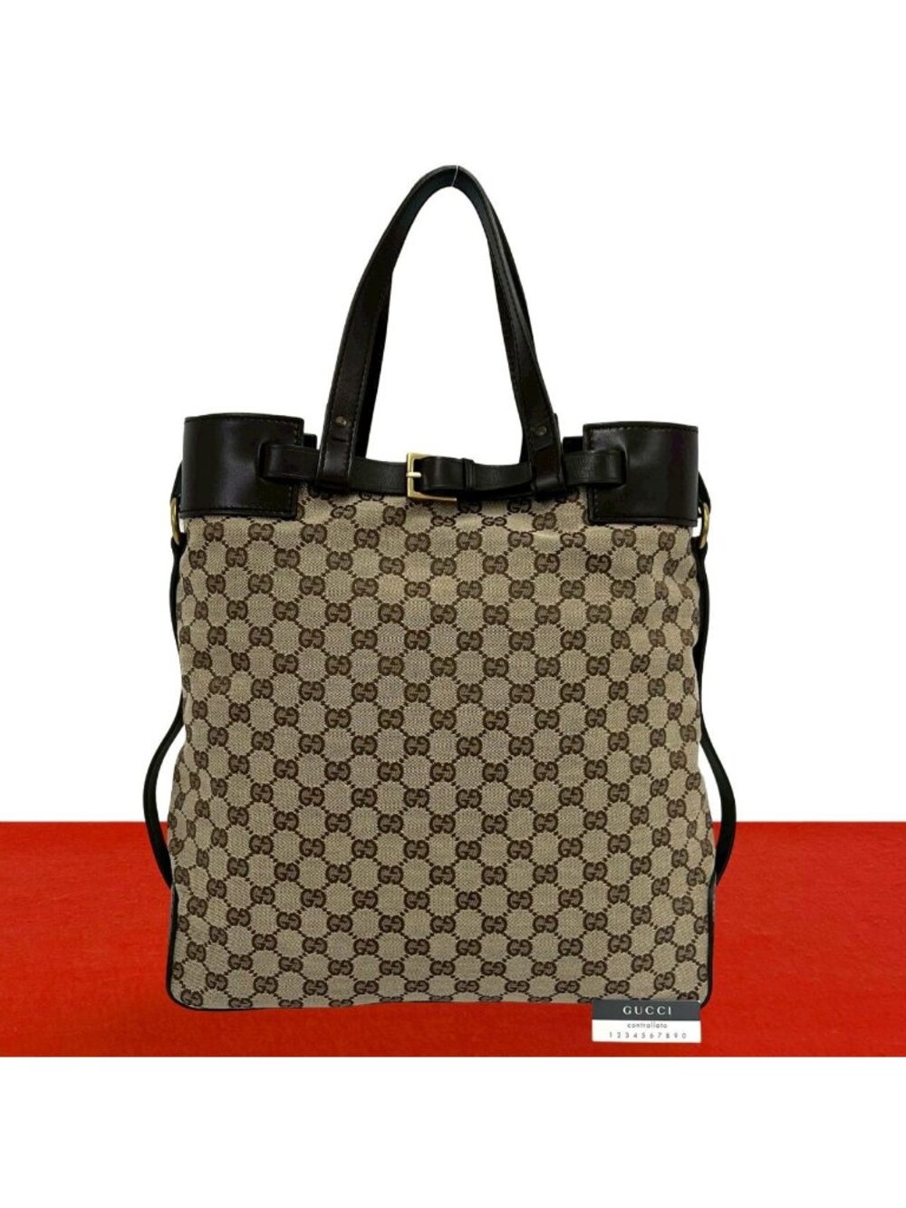 Gucci Logo GG Pattern Canvas Leather Tote Shoulder Bag Brown